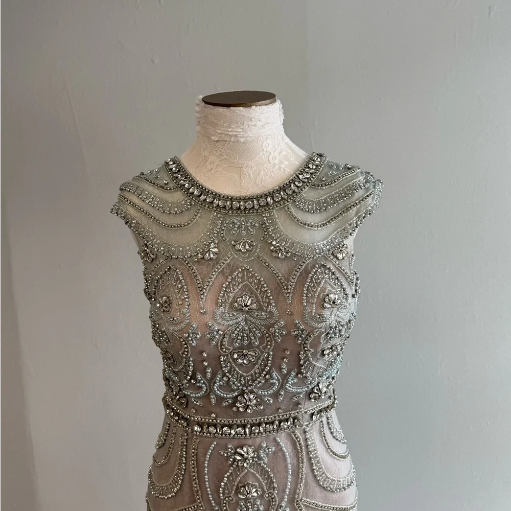 Terani Couture Beaded Illusion Bodice Mermaid Gown - Light Blue and Champagne - Picture 3 of 5